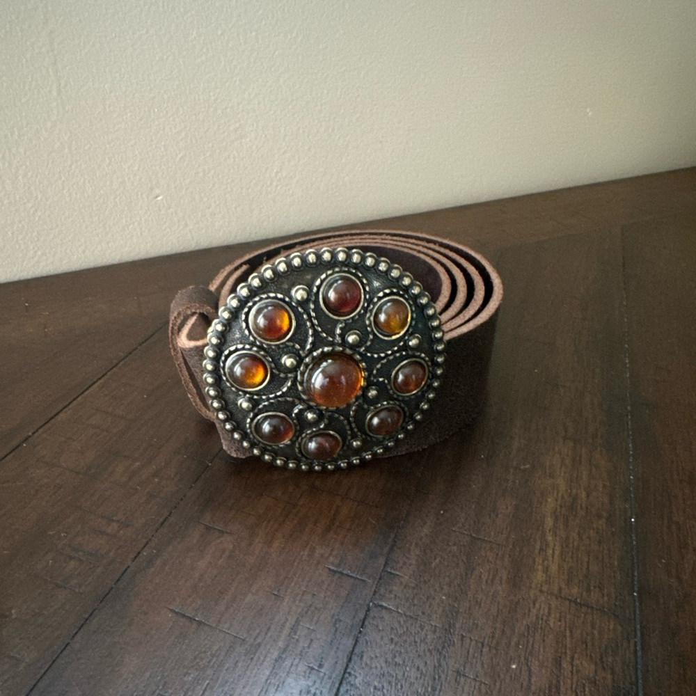 Women's Belt - BROWN Leather - ORANGE STONES BUCKLE - Size 90/36